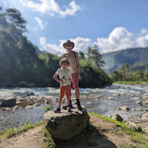 Hikers walking on a trail through dense cloud forest